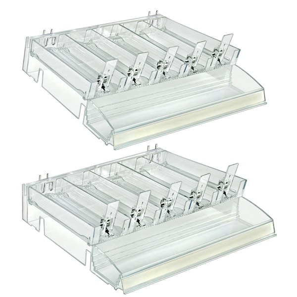 Adjustable Short Divider Bin Cosmetic Tray with Tester on Front and Spring Pushers, Clear, 2-Pack